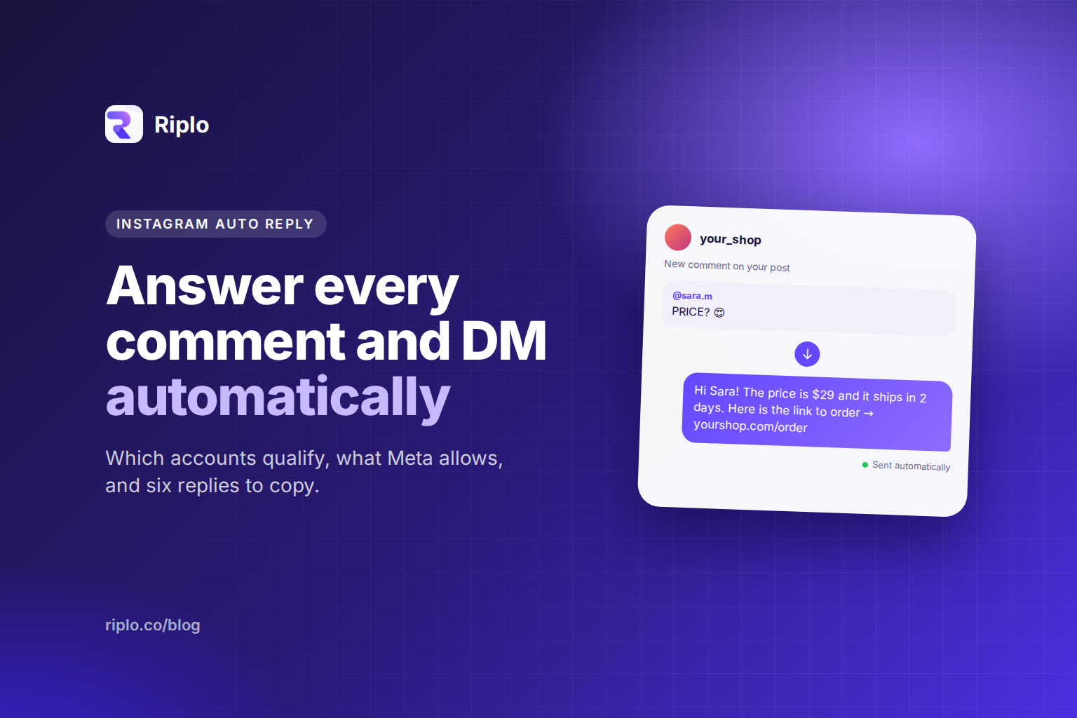 An Instagram comment saying PRICE answered automatically with a direct message that includes the price and an order link